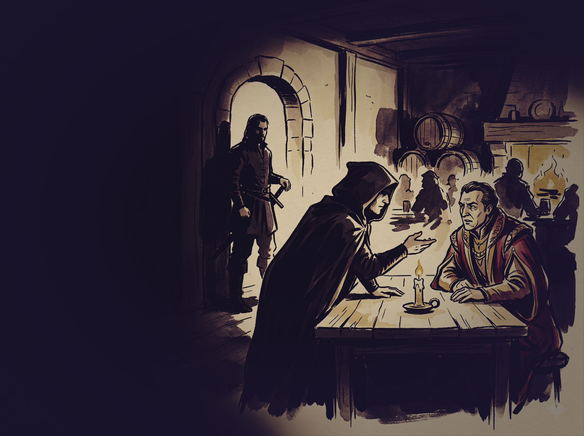 A party mid-negotiation in a torchlit tavern
